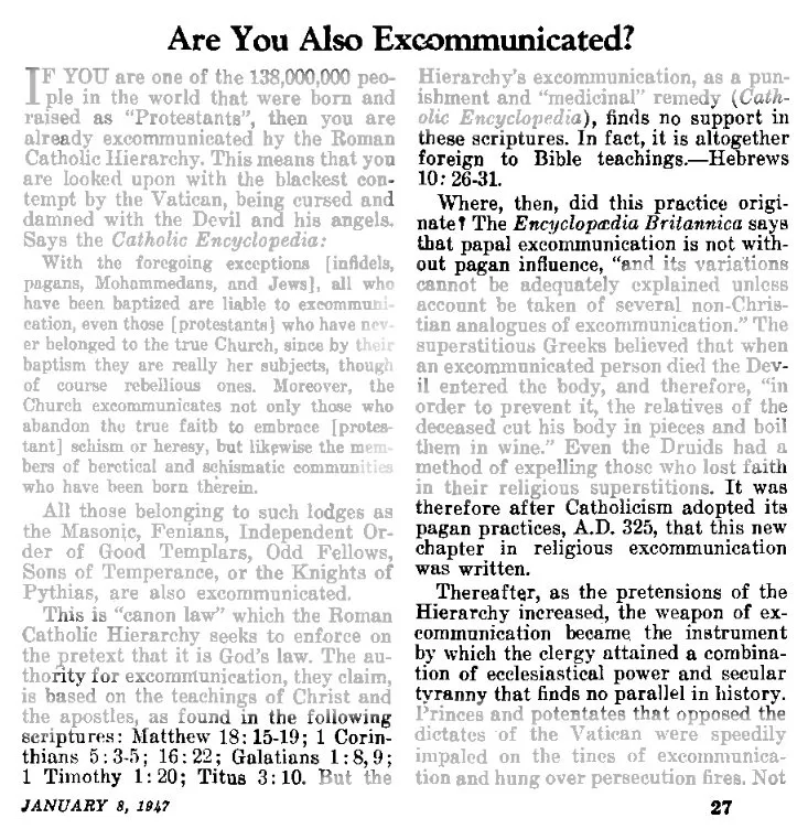 Are you also excommunicated? Awake! 1947, January 8, p. 27