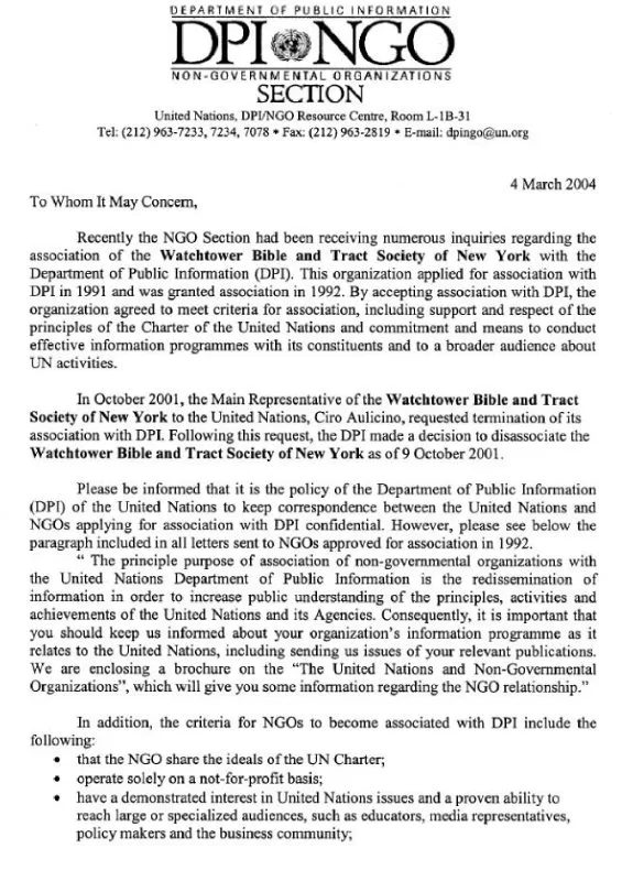 Letter from the United Nations Department of Public Information, March 4, 2004