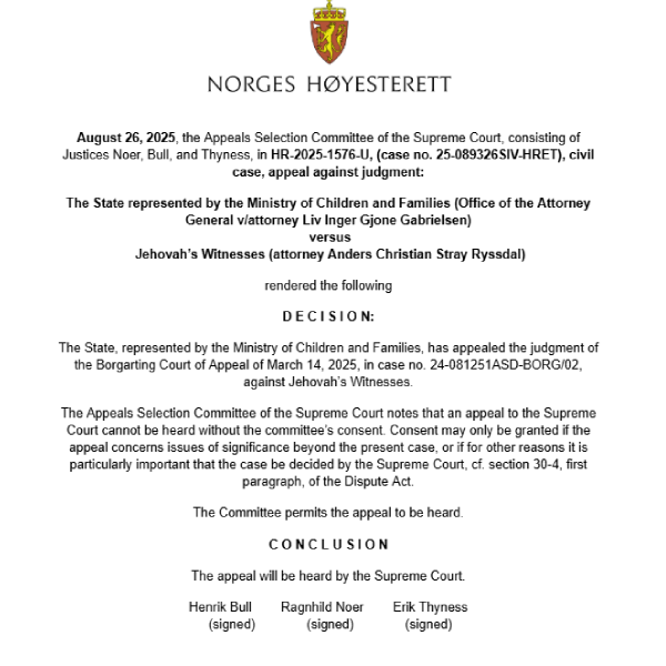 Norway's Supreme Court Decision on Jehovah's Witnesses Case