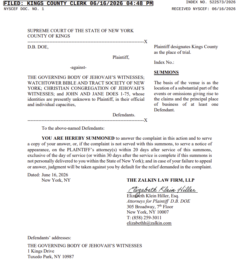 Summon and Complaint of DOE v GOVERNING BODY