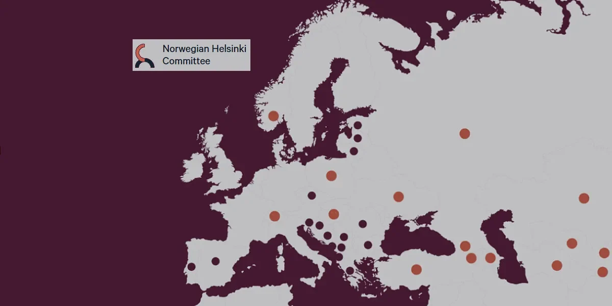 The Norwegian Helsinki Committee logo and locations of operation